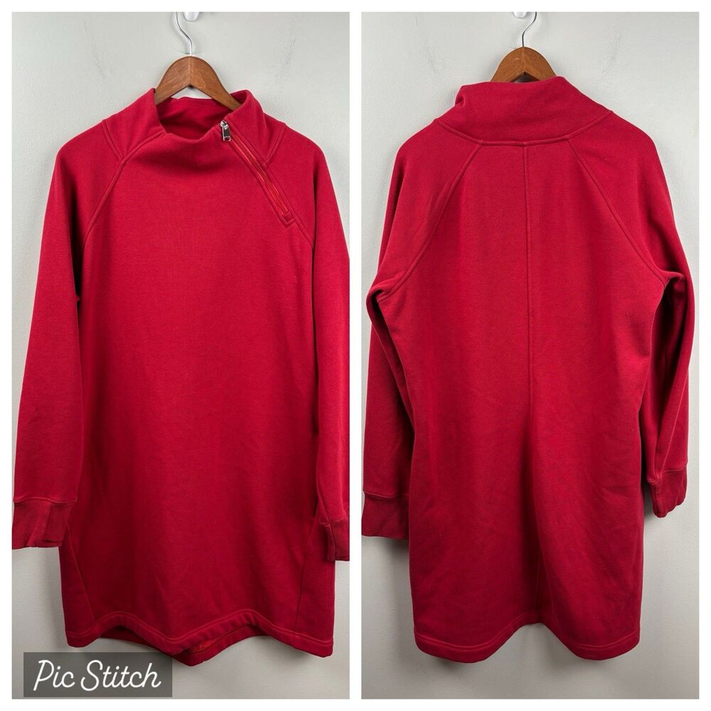 Athleta Women's Pullover Dress XL Red Fleece Cozy Karma ASYM Athleisure 1/4 Zip